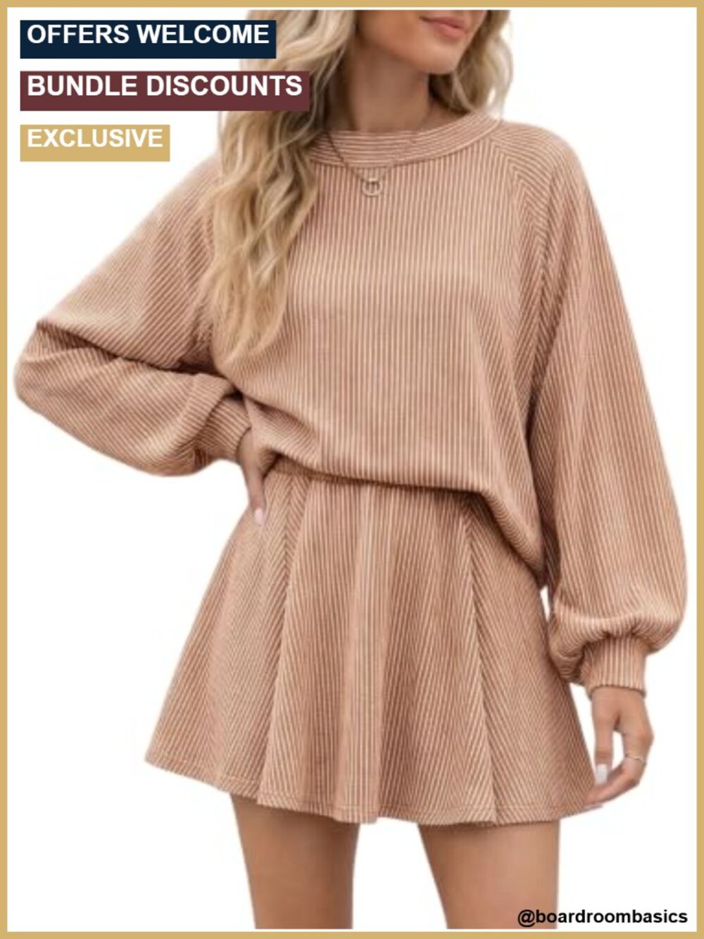 2 Piece Skirt Set Women Striped Knit Balloon Sleeve Lounge Outfit